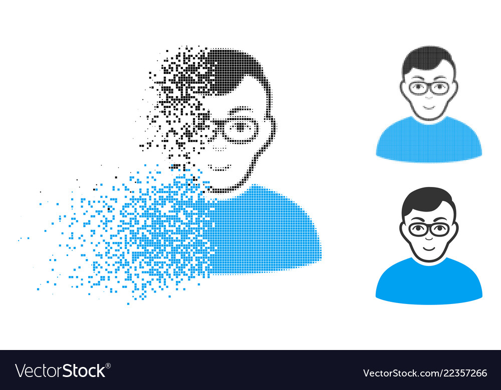 Fragmented dotted halftone nerd man icon with face vector image Fragmented dotted halftone nerd man icon with face