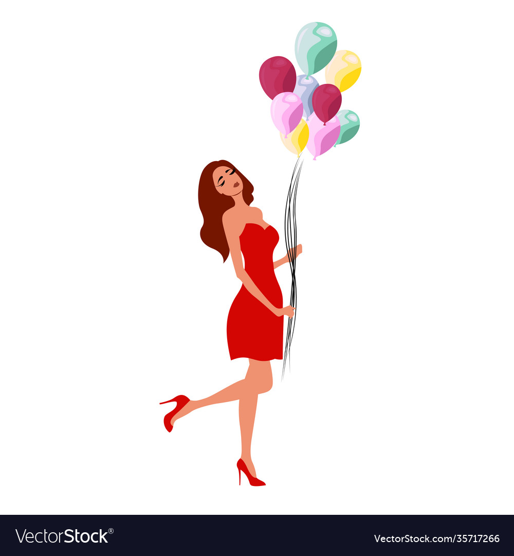 Happy beautiful woman holding colorful balloons