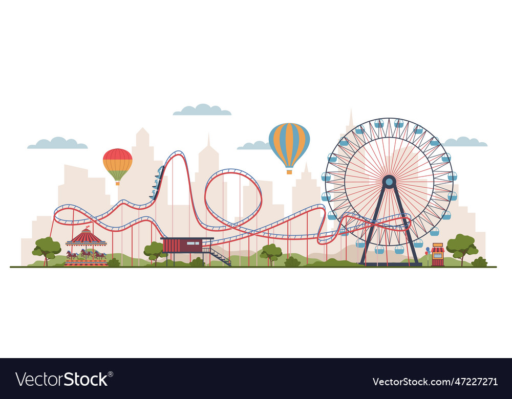 Amusement park panorama cartoon flat style Vector Image