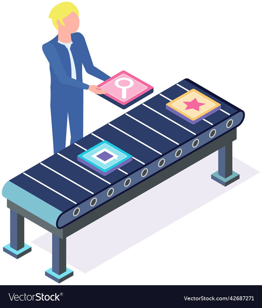 Man checks files passing on tape program conveyor vector image Man checks files passing on tape program conveyor