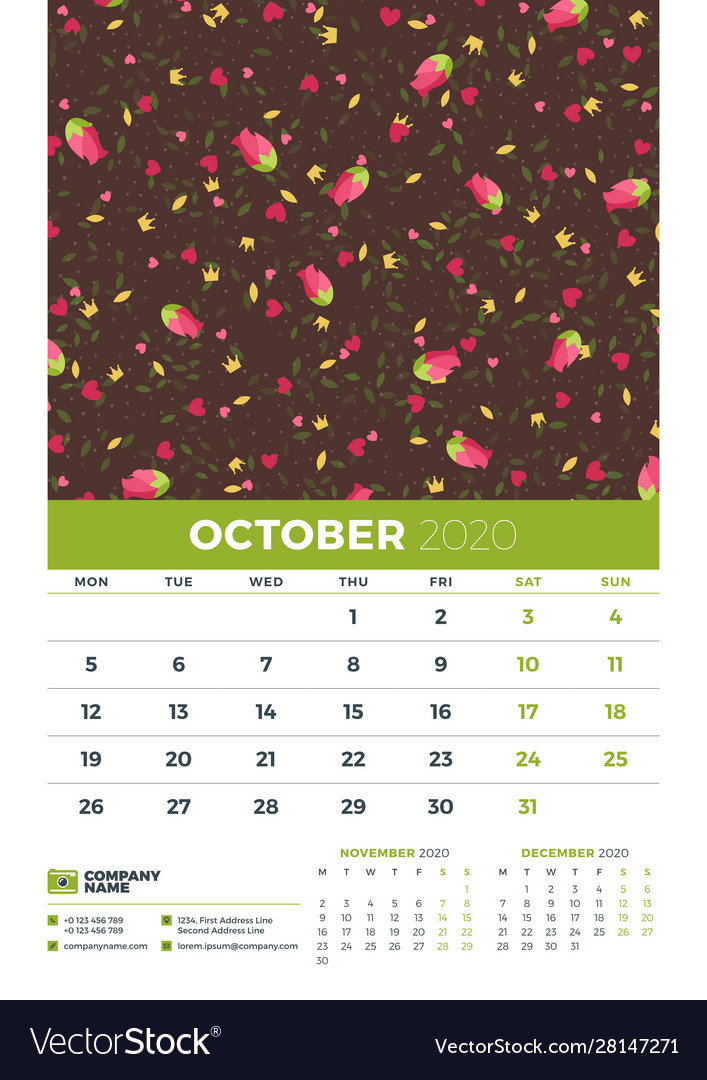 Wall calendar template for october 2020 week