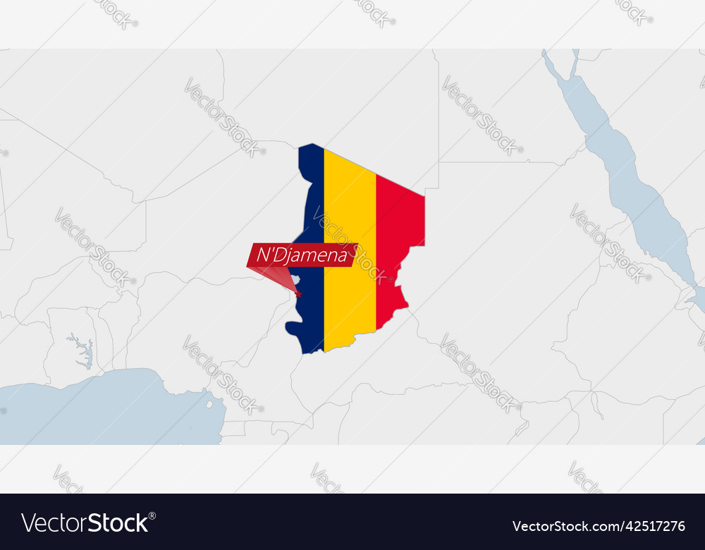 Chad map highlighted in flag colors and pin