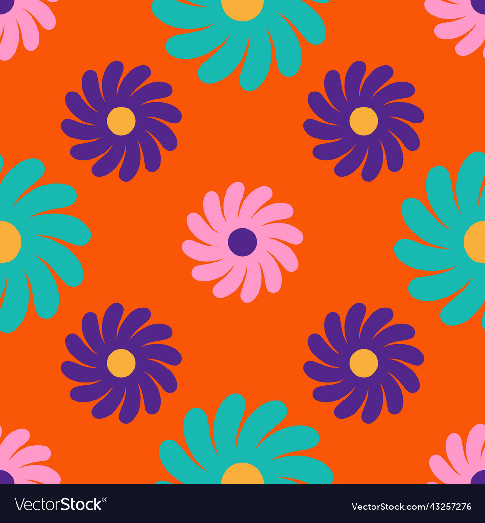 Hippy floral seamless pattern on orange background
