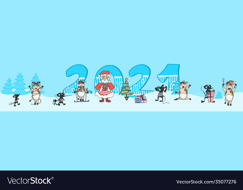 New year poster with mice and bulls in santa claus