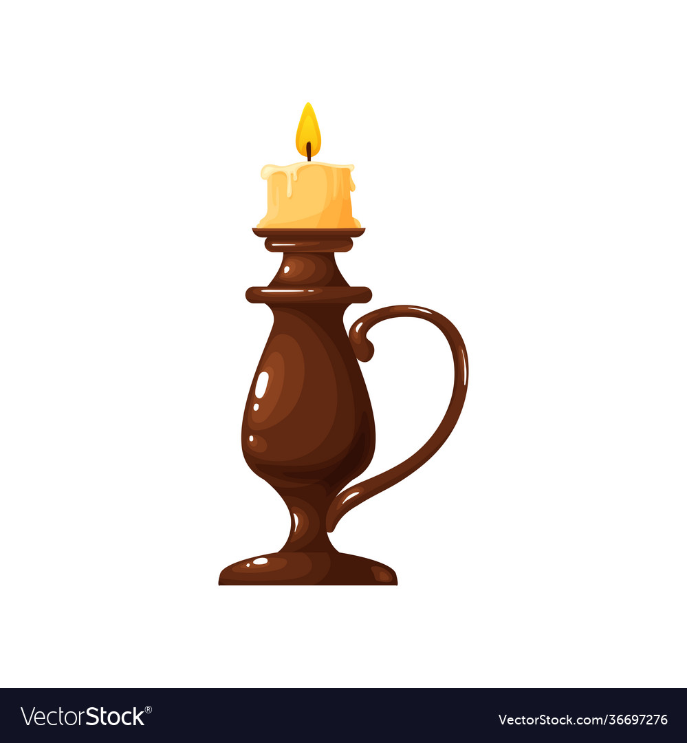 Vintage lit candle in candlestick isolated vector image Vintage lit candle in candlestick isolated