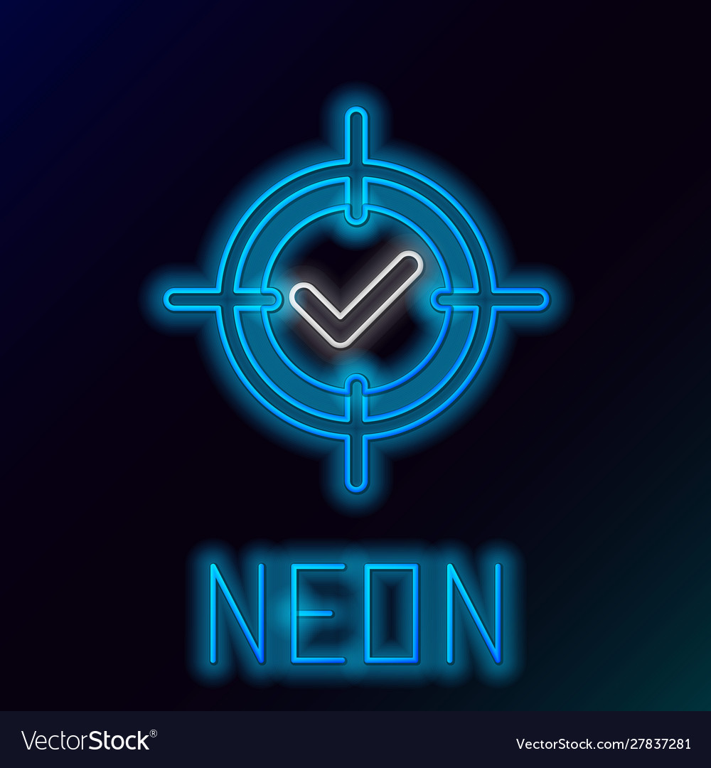 Blue glowing neon line target and check mark icon