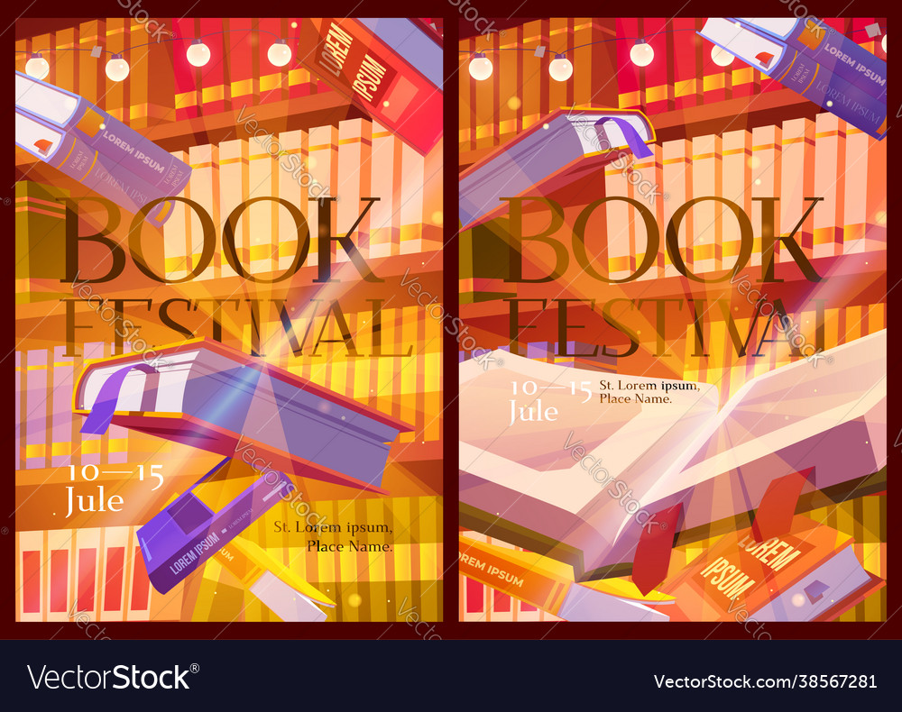 Book festival posters with library interior Vector Image