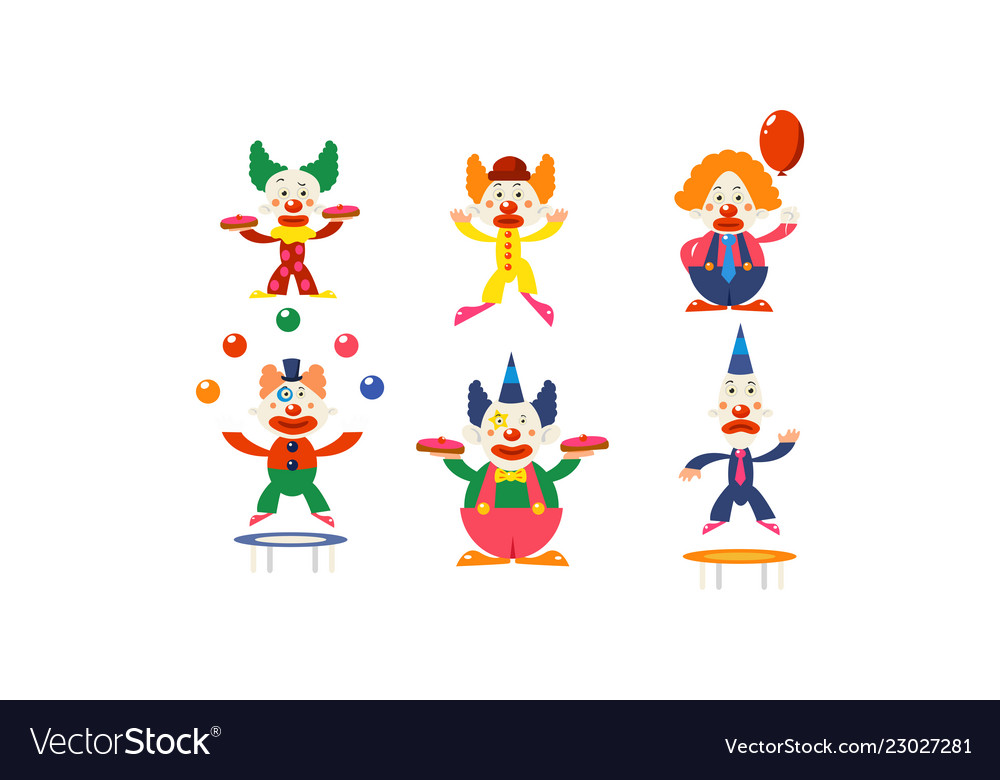 Flat set of clowns in different actions Vector Image Flat set of clowns in different actions