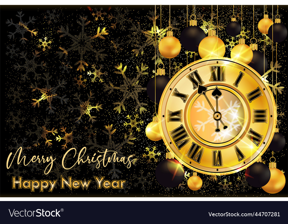 Golden new 2023 year background with xmas clock Vector Image