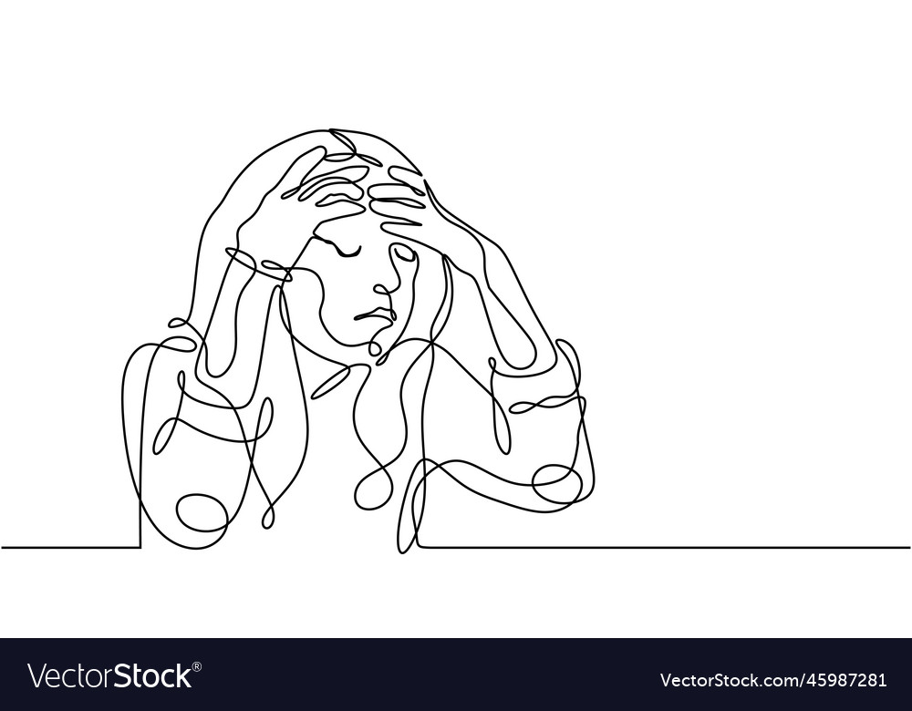 Stressed woman continuous line drawing one single