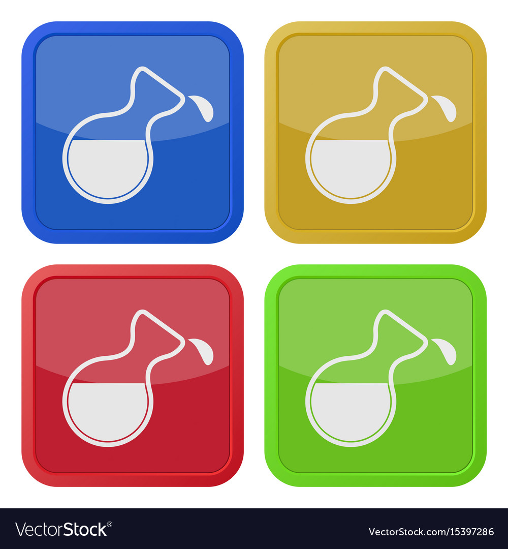 Four square color icons flask with a drop
