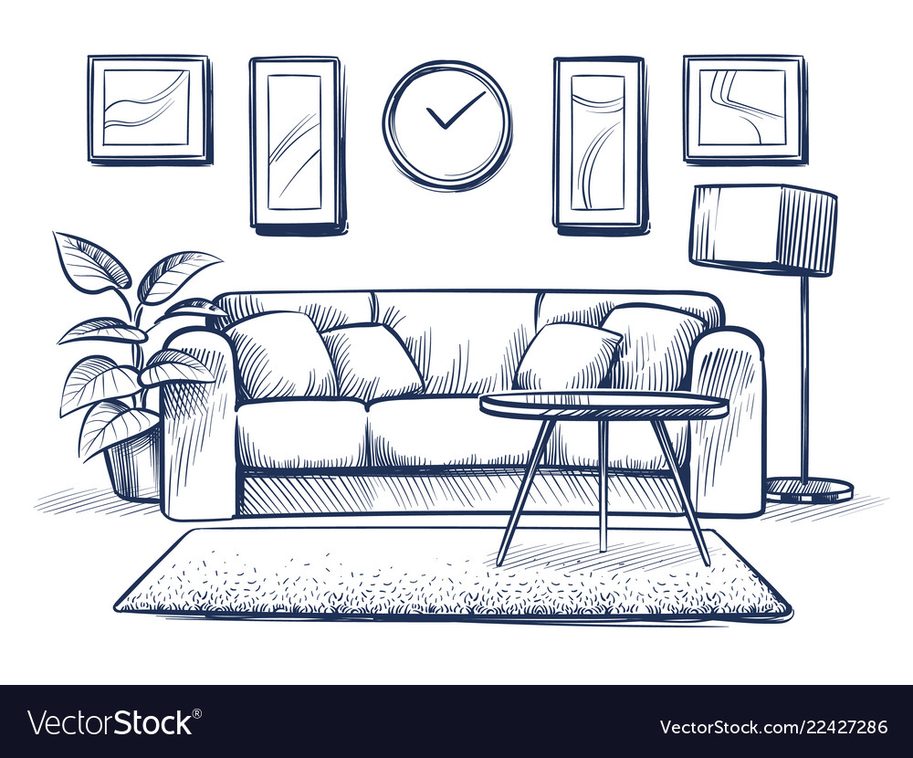 Sketch interior doodle living room with sofa Vector Image