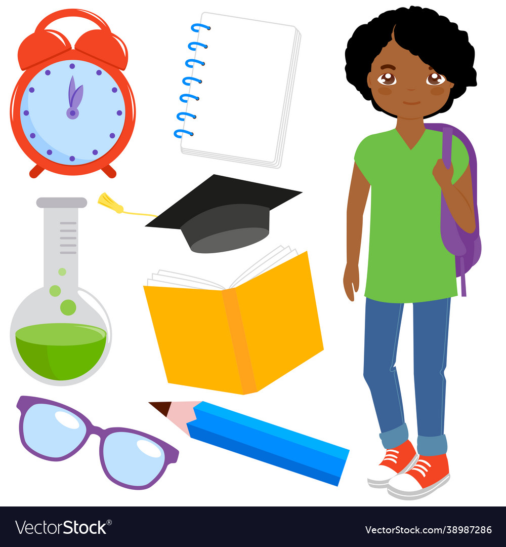 Student boy and set school objects