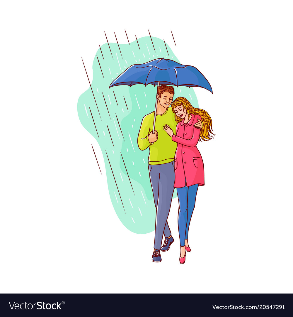 Cartoon couple walking under rain umbrella Vector Image