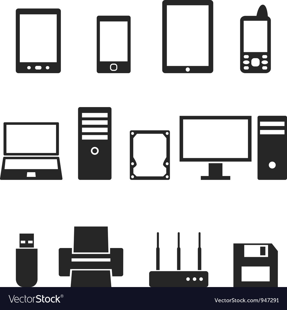 Icons of computer hardware and gadgets in the Vector Image