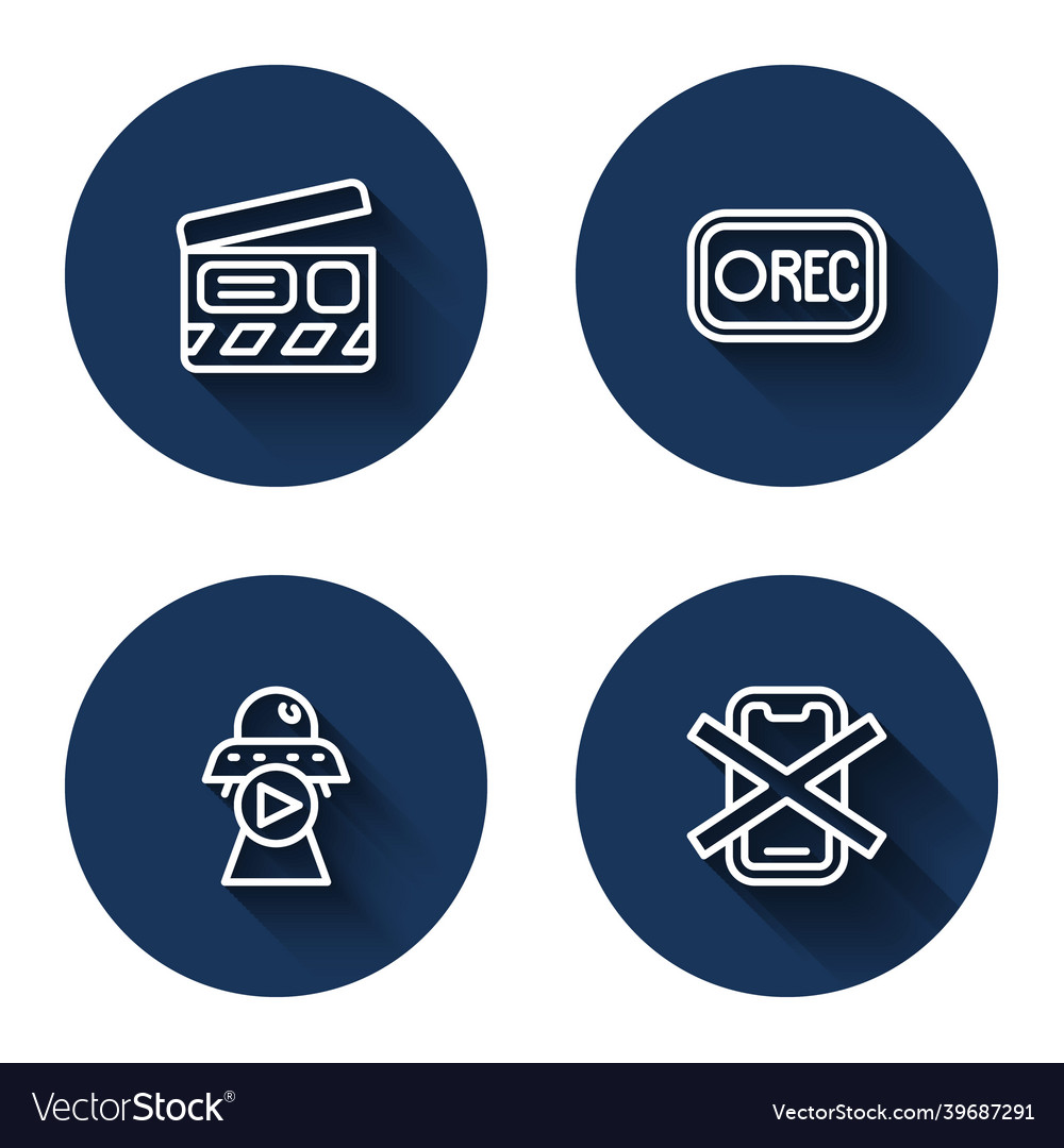 Set line movie clapper record button science vector image Set line movie clapper record button science