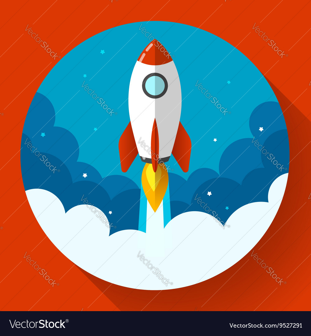 Startup rocket in the clouds flat