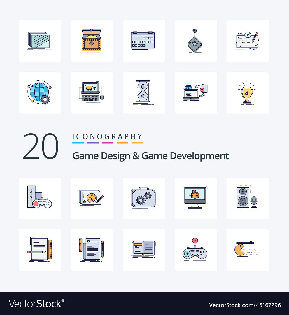 20 game design and game development line filled Vector Image