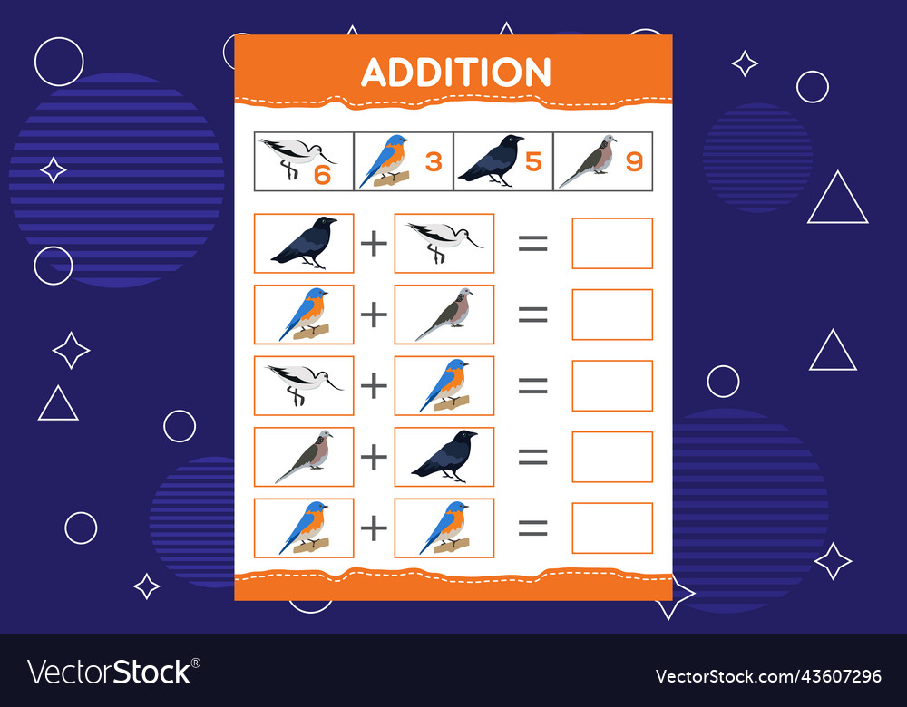 Addition with different birds for kids Royalty Free Vector