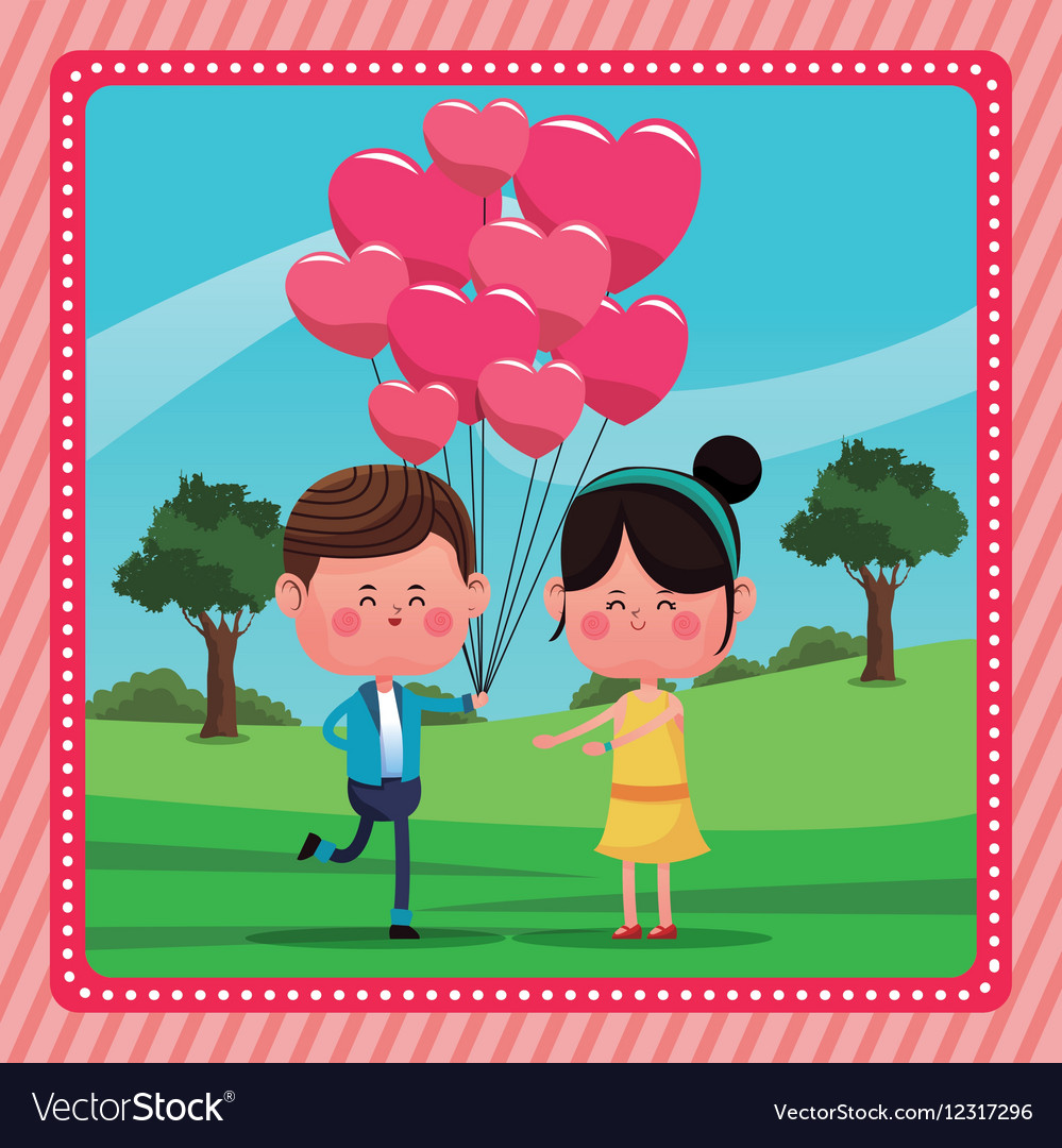 Boy with branch balloons girl smiling rural Vector Image