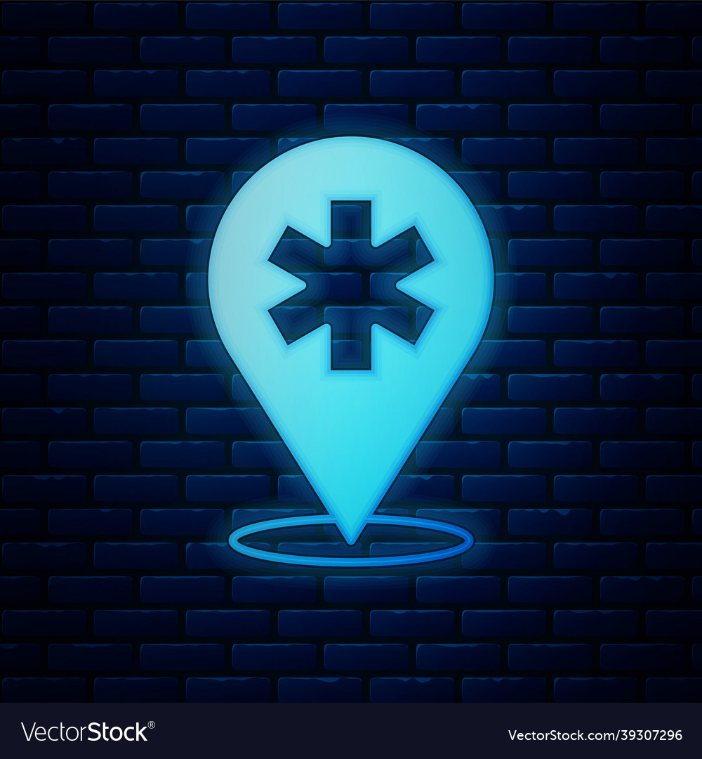 Glowing neon medical map pointer with cross vector image Glowing neon medical map pointer with cross