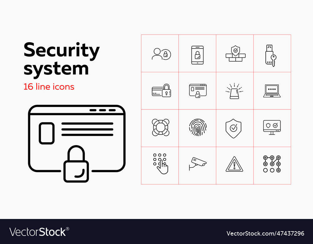 Security system line icon set alarm signal vector image Security system line icon set alarm signal