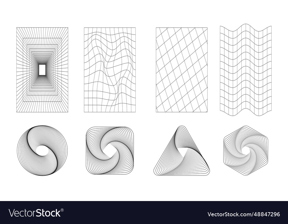 Set of abstract shapes and grids in black color