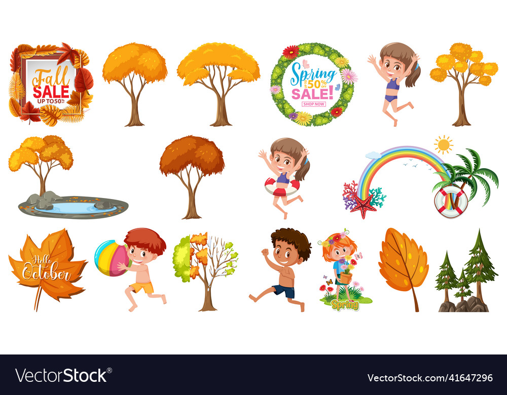 Set of four seasons trees and nature objects vector image Set of four seasons trees and nature objects