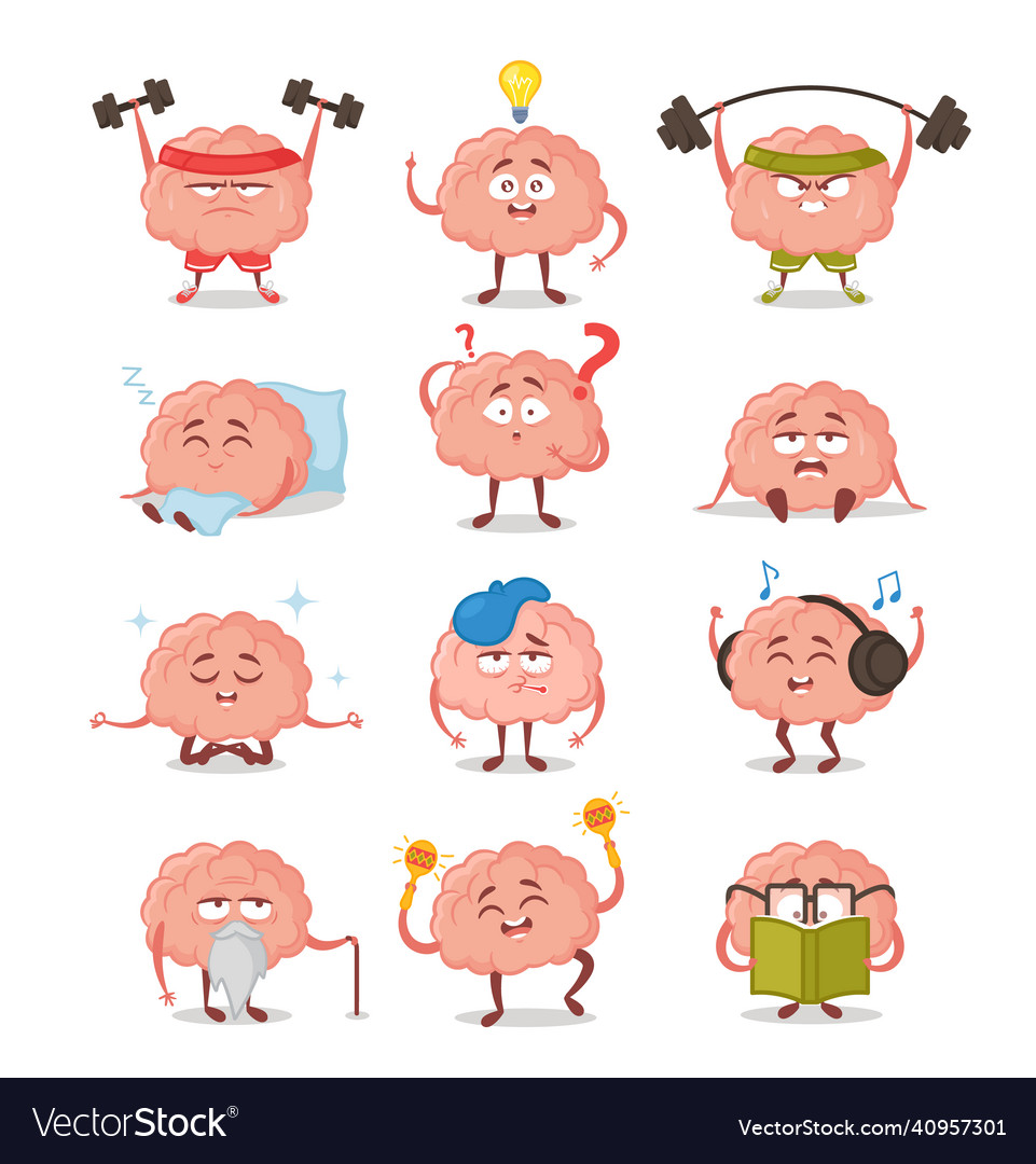 Brain characters cute cartoon mascot with funny Vector Image