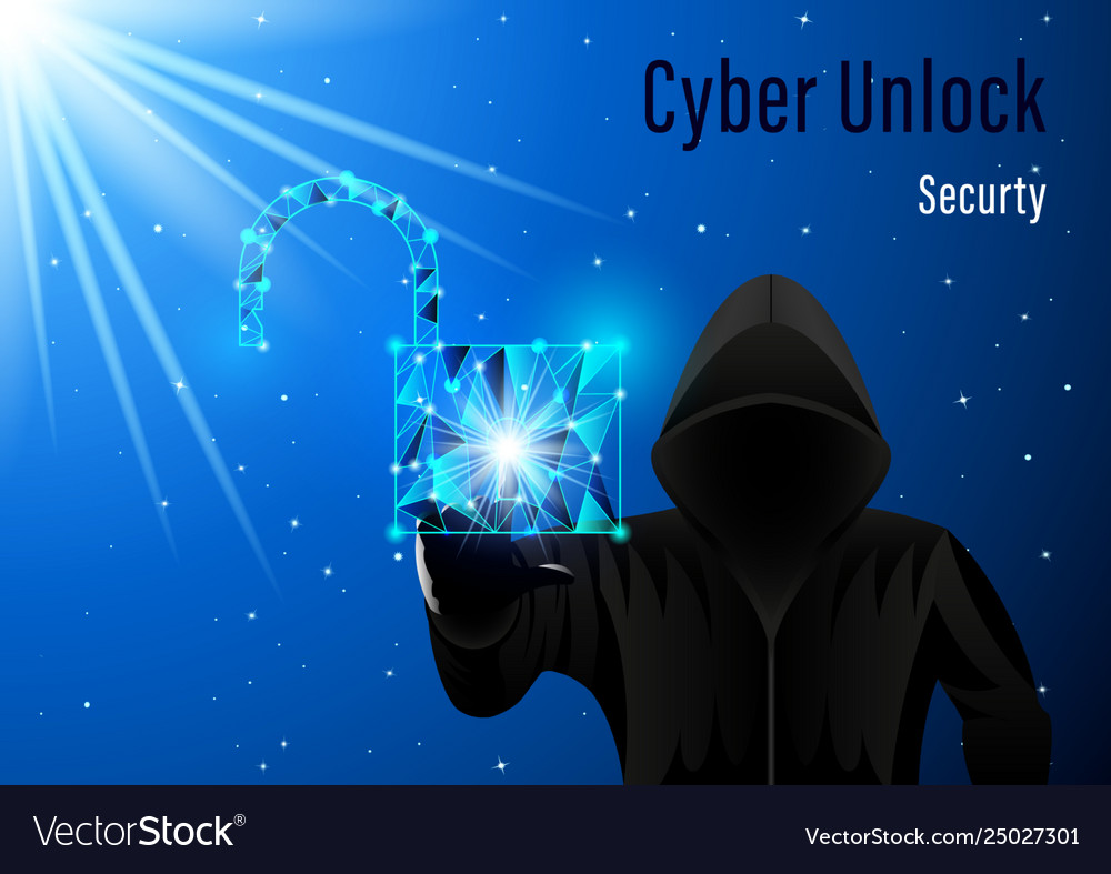 Hooded man hacker and open padlock vector image Hooded man hacker and open padlock
