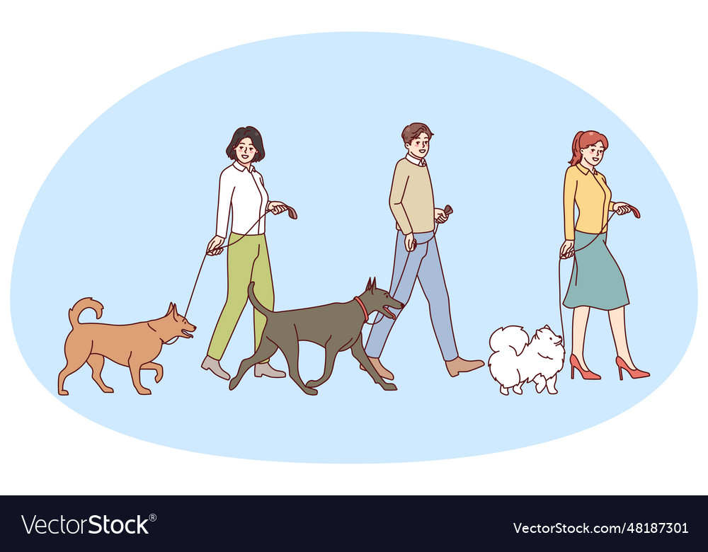 People walking with dogs on leashes