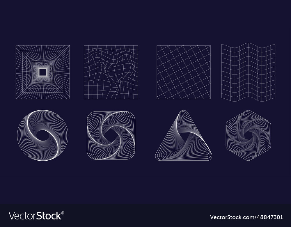 Set of abstract shapes and grids in white color