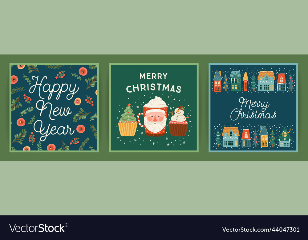 Set of christmas and happy new year cards cute vector image Set of christmas and happy new year cards cute