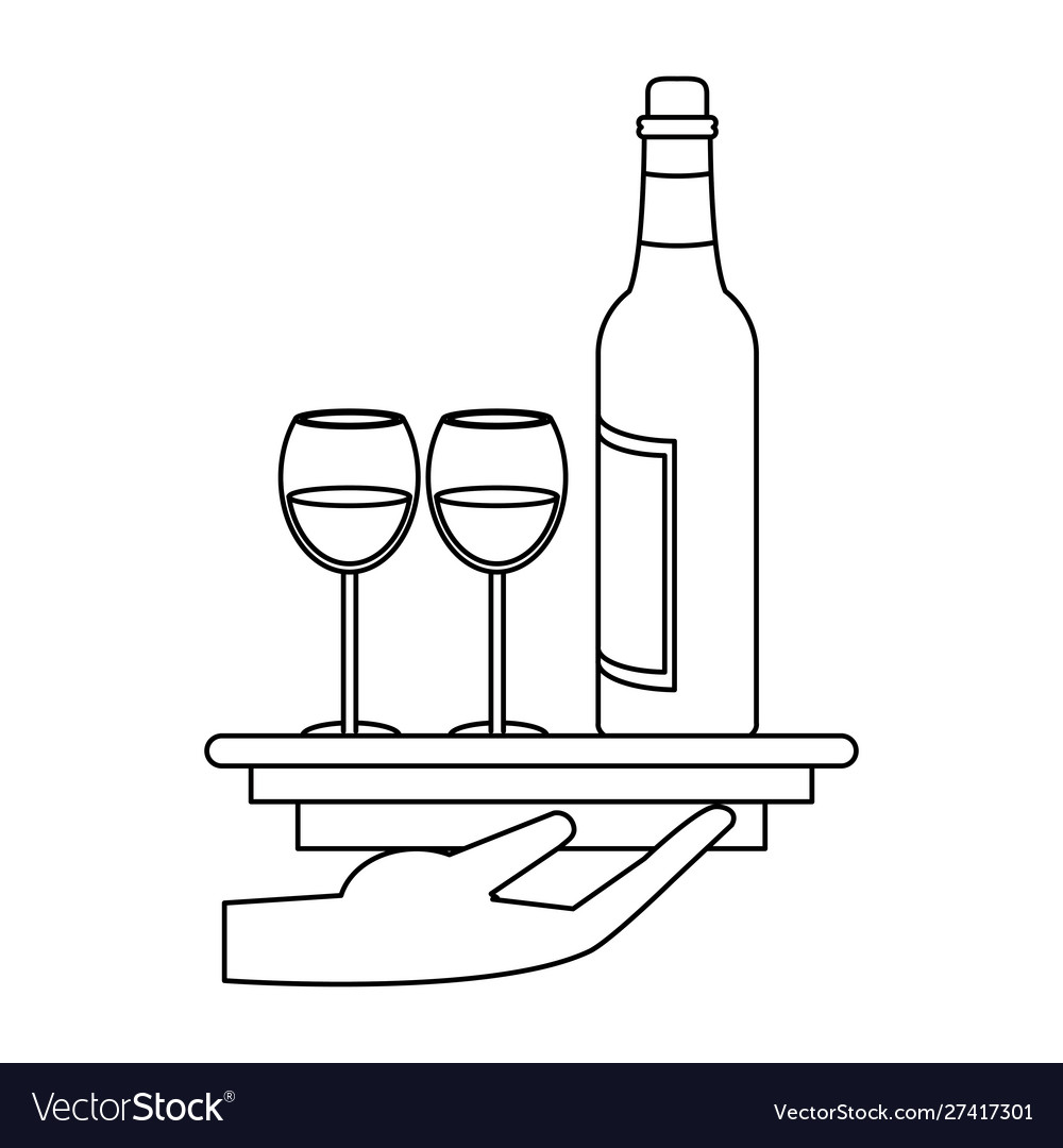 Waiter hand holding a platter with wine bottle