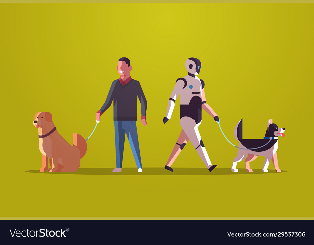 Robotic character and man walking with dogs robot vector image Robotic character and man walking with dogs robot