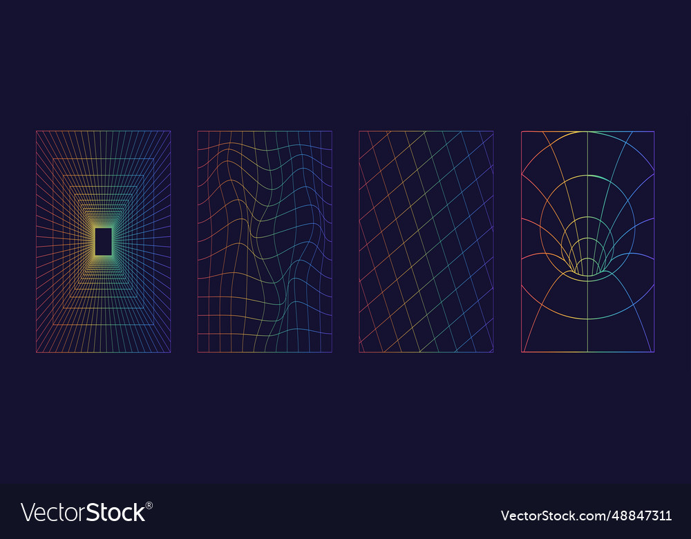 Set of distorted wireframe grid in rainbow color