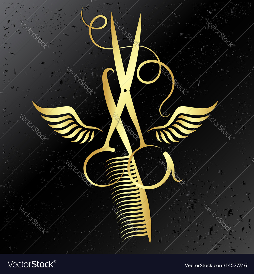 Scissors and comb with wings symbol Royalty Free Vector