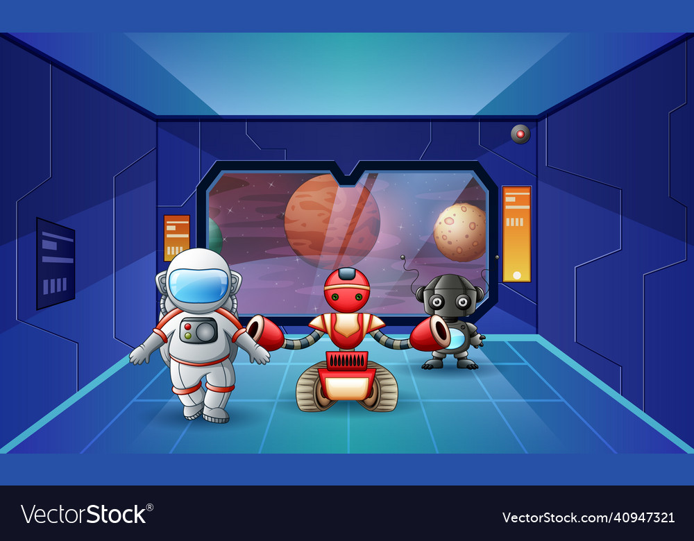 Astronaut und Roboter in den Räumen vector image Astronaut und Roboter in den Räumen
