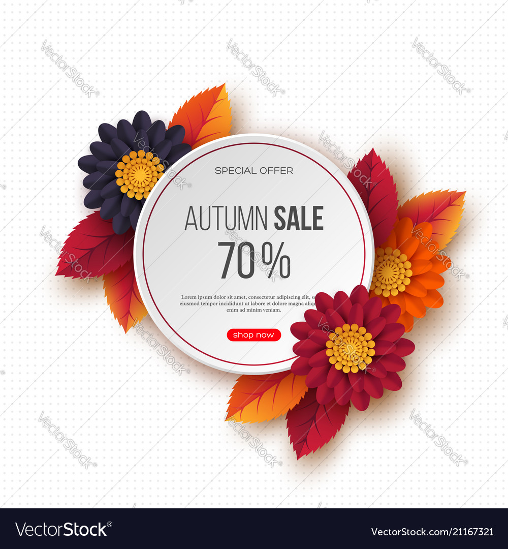 Autumn sale round banner with 3d leaves flowers