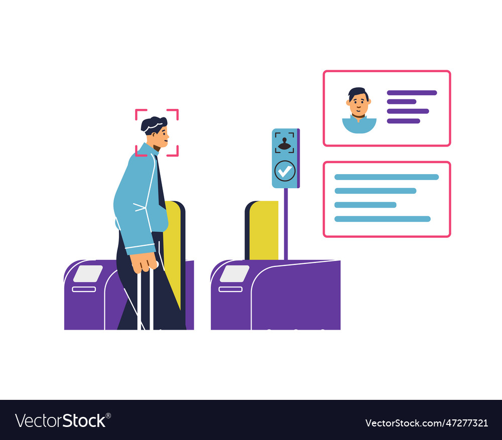 Man passes through turnstile with face recognition vector image Man passes through turnstile with face recognition