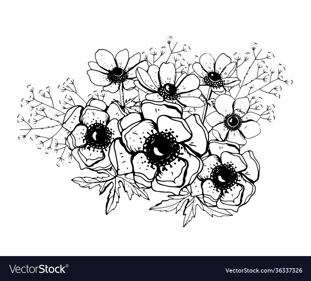 Bunch with elegant monochrome anemones black