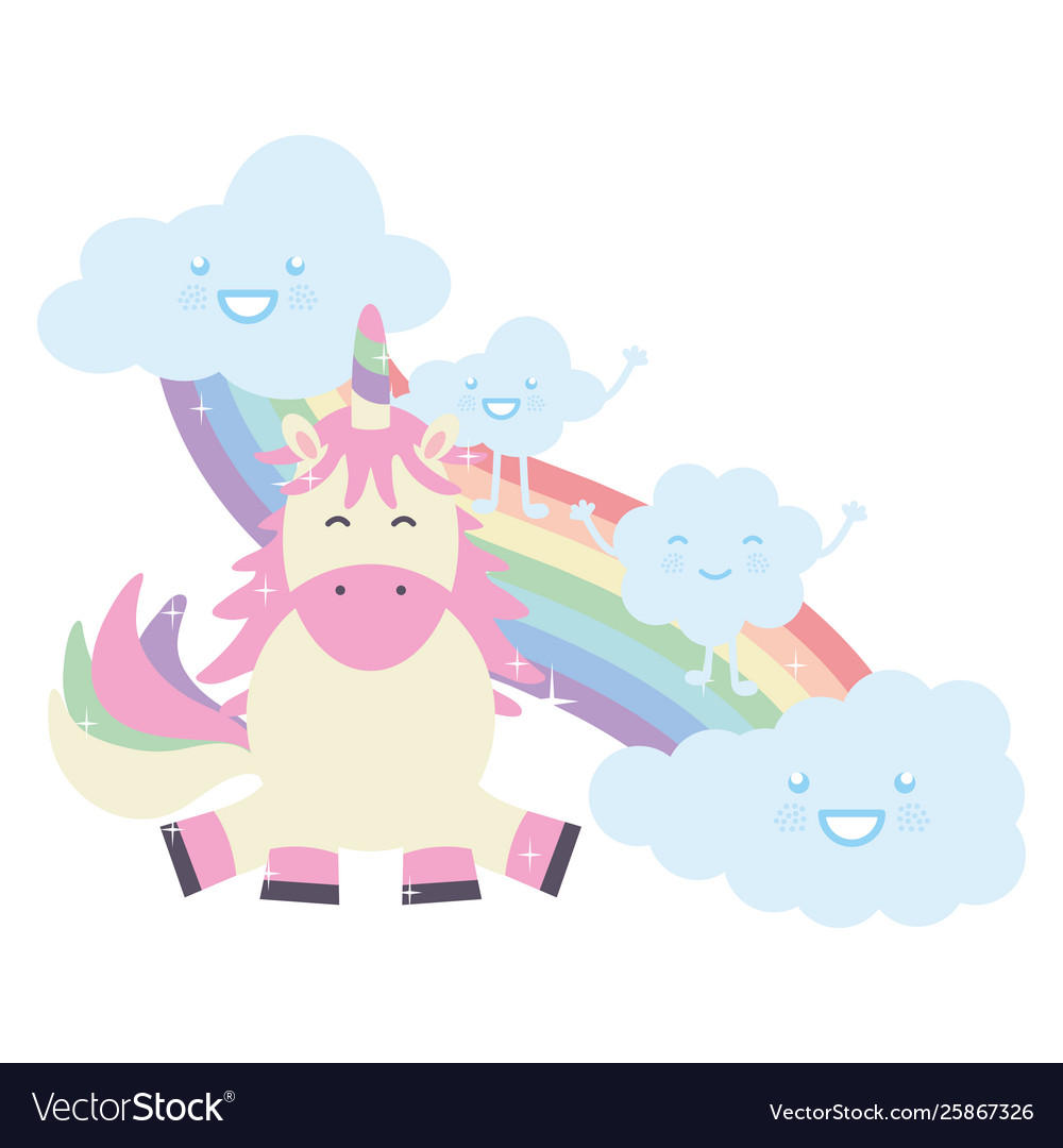 Niedliches Einhorn mit Wolken und Regenbogen kawaii