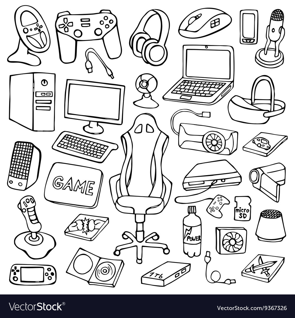 doodle games game art with gaming tools hardware and black and white color  vector illustration Stock Photo - Alamy