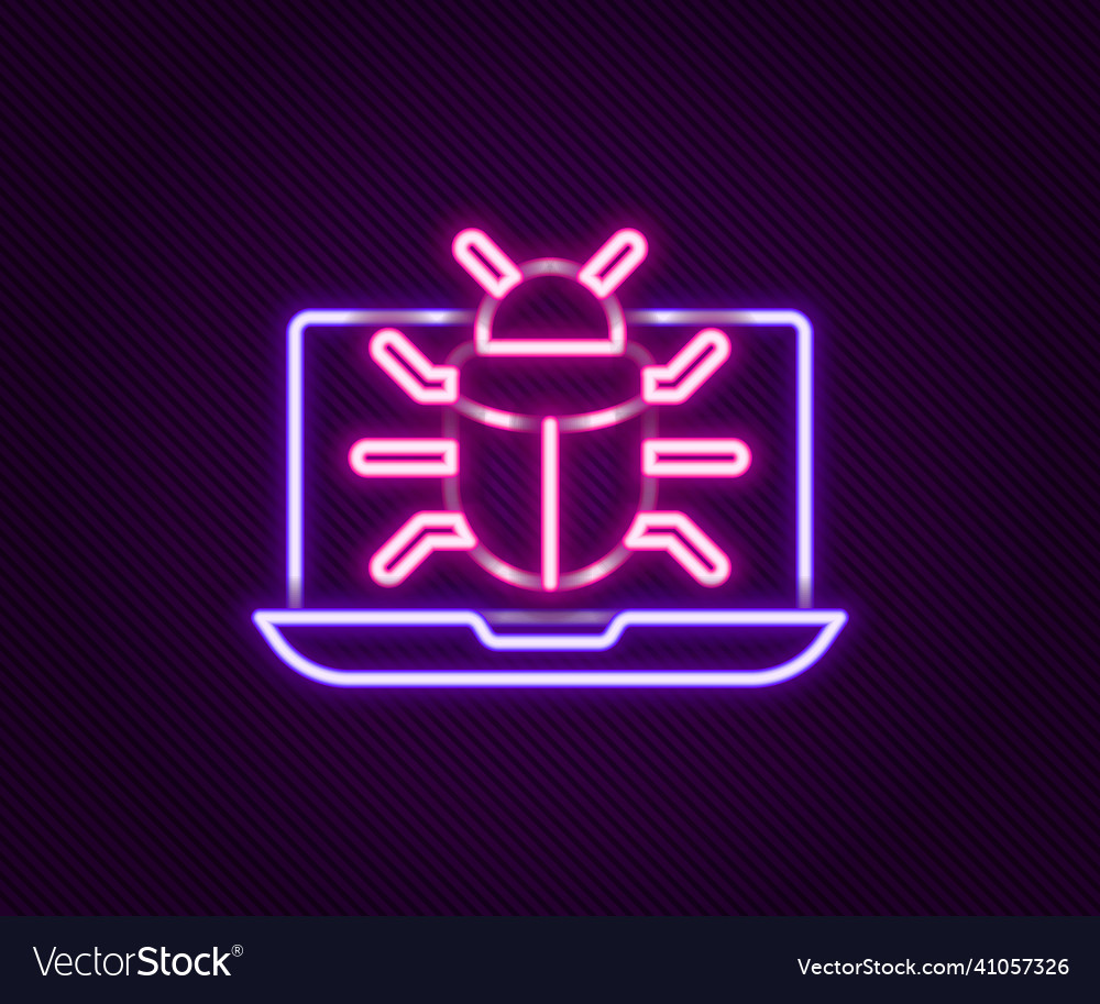 Glowing neon line system bug on monitor icon vector image Glowing neon line system bug on monitor icon