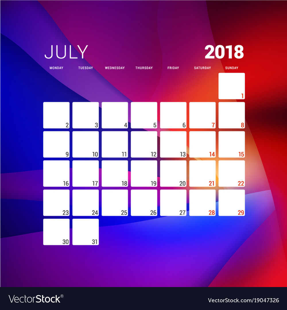 July 2018 calendar planner design template