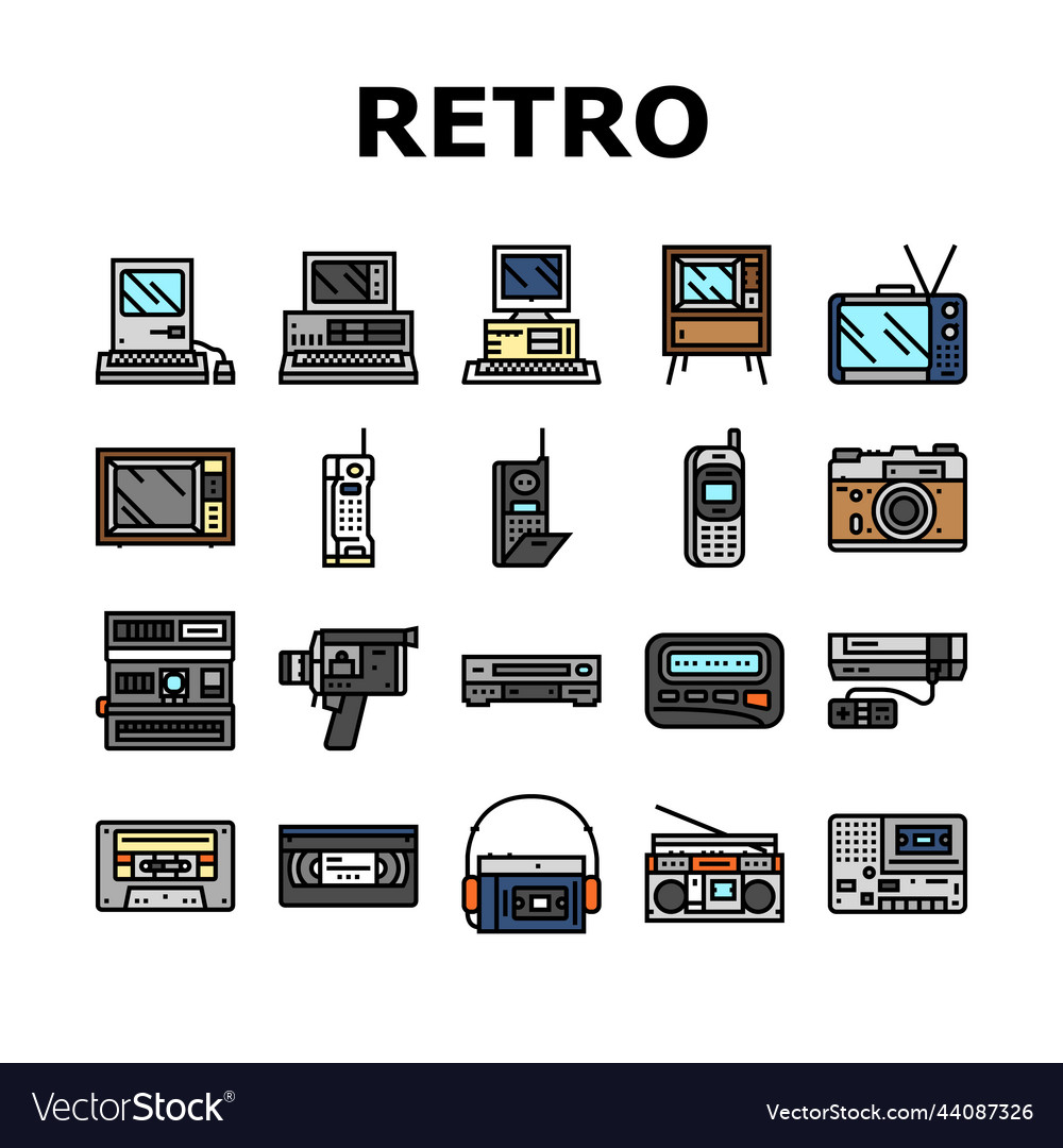 Retro gadget technology device icons set vector image Retro gadget technology device icons set