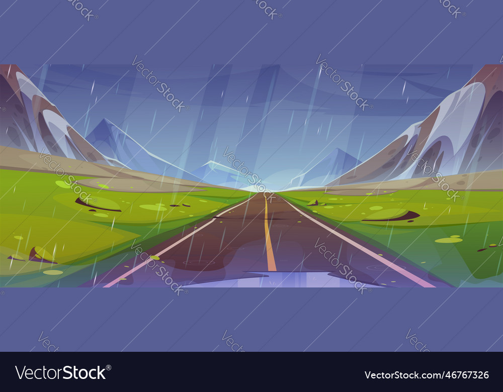 Road and mountain view rainy landscape cartoon Vector Image