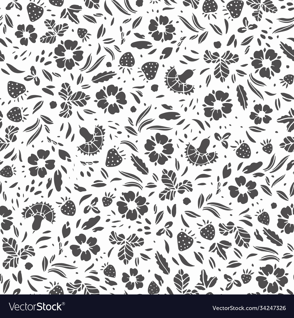 Vintage linocut style wild rose pattern black