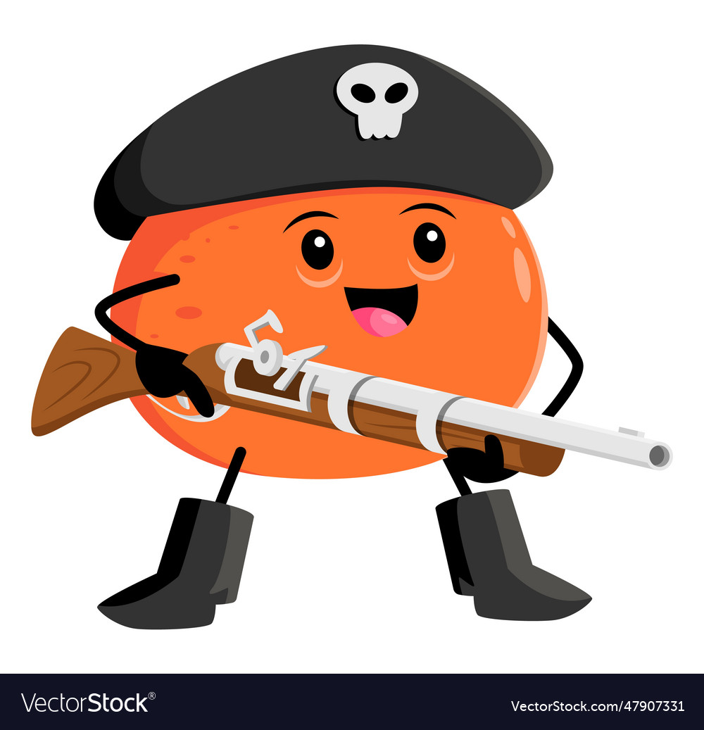 Cartoon orange fruit pirate character with musket