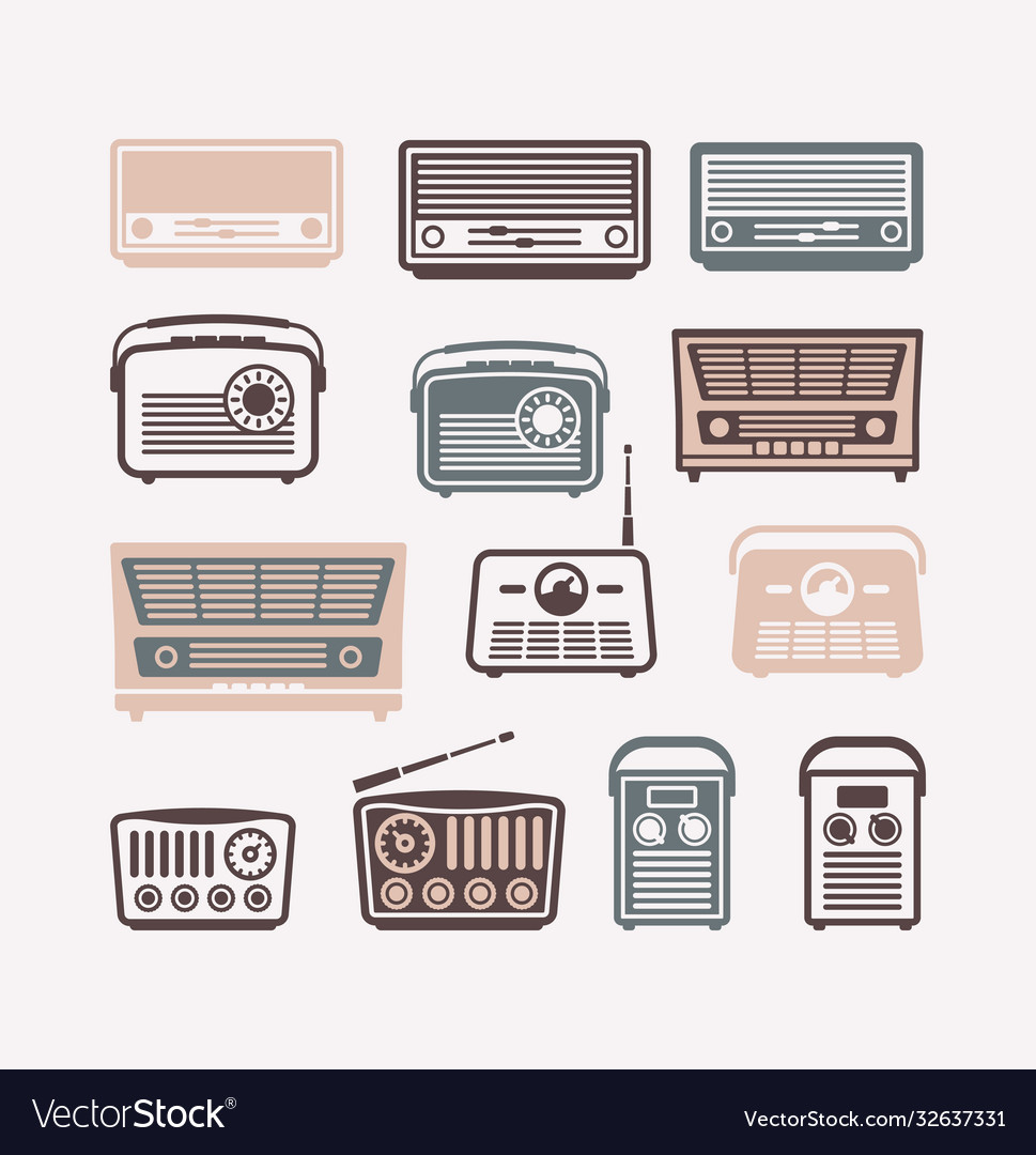 Retro radio icons set flat vector image Retro radio icons set flat